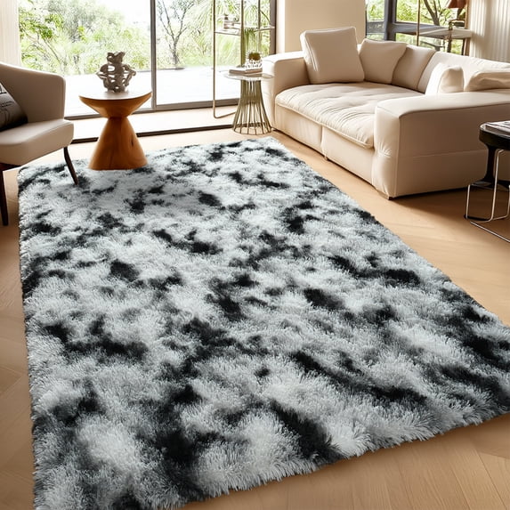 Wellber Shag Rugs Fluffy Tie-Dyed Area Rug for Bedroom Living Room Carpet Home Decor,5'x8',Black