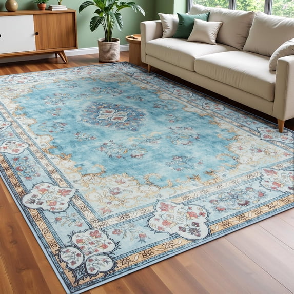 Wellber Soft Rugs Retro Area Rug Vintage Carpet for Living Room Bedroom Office Home Decor,4'x6',Blue