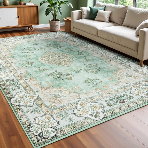 Wellber Soft Rugs Retro Area Rug Vintage Carpet for Living Room Bedroom Office Home Decor,4'x6',Green