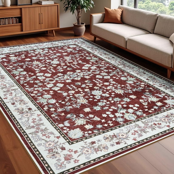 Wellber Soft Rugs Retro Area Rug Vintage Carpet for Living Room Bedroom Office Home Decor,5'x8',Red