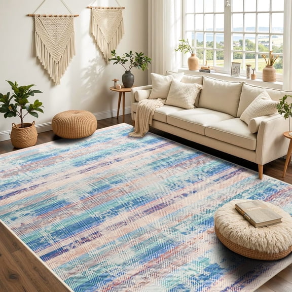 Wellber Soft Vintage Stripe Rug Modern Abstract Area Rugs for Living Room Bedroom Carpet Hone Decor,6'x9',Blue
