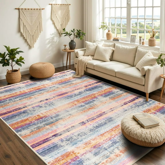 Wellber Soft Vintage Stripe Rug Modern Abstract Area Rugs for Living Room Bedroom Carpet Hone Decor,6'x9',Red Blue