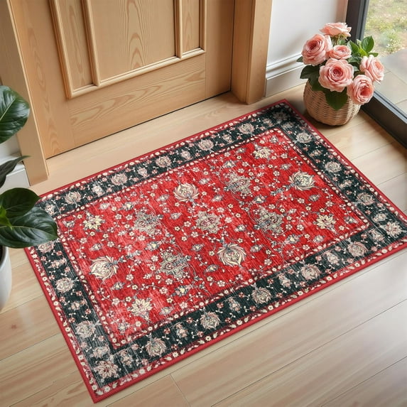 Wellber Vintage Area Rug for Bedroom,Soft Rugs for Living Room Nursery Carpet Home Decor,2'x3',Red