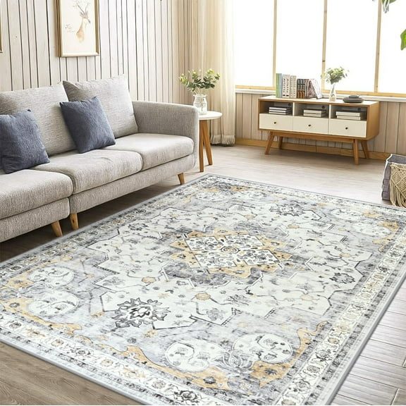 Wellber Vintage Area Rugs for Bedroom Accent Rug for Living Room Nursery Decor Carpet,8'x10',Yellow Grey