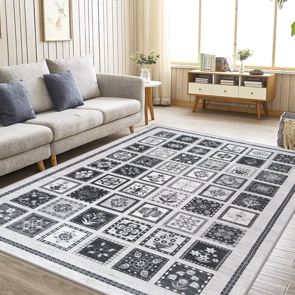 Wellber Vintage Print Area Rugs Soft Fluffy Rug for Bedroom Living Room Nursery Decor Carpet,5'x8',Black