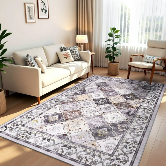 Wellber Vintage Rugs Boho Floral Area Rug Fluffy Carpet for Living Room Bedroom Home Decor,4'x6',Gray Yellow