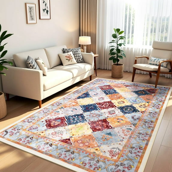 Wellber Vintage Rugs Boho Floral Area Rug Fluffy Carpet for Living Room Bedroom Home Decor,4'x6',Orange