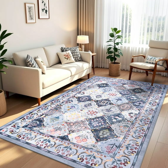 Wellber Vintage Rugs Boho Floral Area Rug Fluffy Carpet for Living Room Bedroom Home Decor,6'x9',Blue