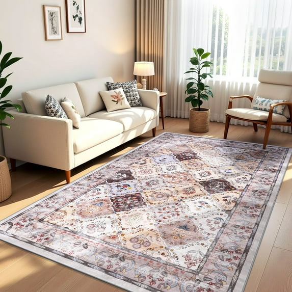 Wellber Vintage Rugs Boho Floral Area Rug Fluffy Carpet for Living Room Bedroom Home Decor,6'x9',Coffee