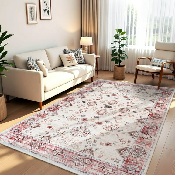 Wellber Vintage Rugs Fluffy Floral Area Rug Soft Carpet for Living Room Bedroom Home Decor,4'x6',Light Red