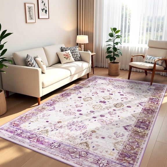 Wellber Vintage Rugs Fluffy Floral Area Rug Soft Carpet for Living Room Bedroom Home Decor,6'x9',Purple