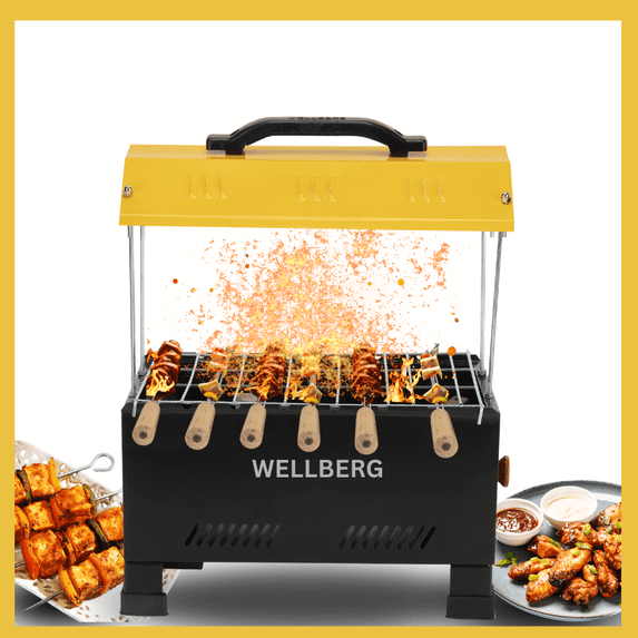 Wellberg 2-in-1 Portable BBQ Grill & Smoker – 1200W, 13-Inch with Skewers & Tong.