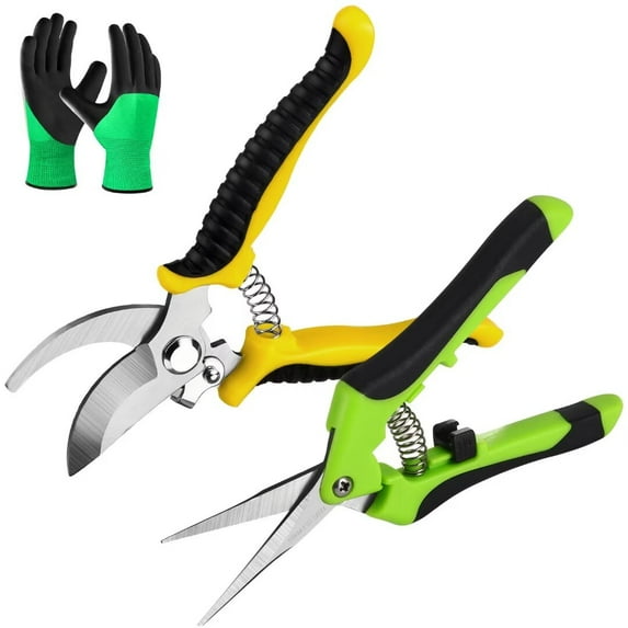 Wellbom 2 Packs Pruning Shears Garden Scissors Stainless Steel Garden Clippers Handheld Pruners with Gloves