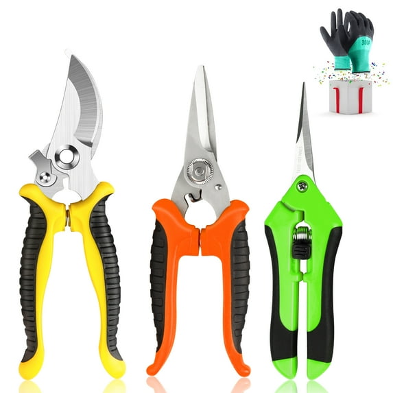Wellbom 3 Pack Garden Scissors Stainless Steel Garden Pruners Plant Pruning Shears Set with Gloves