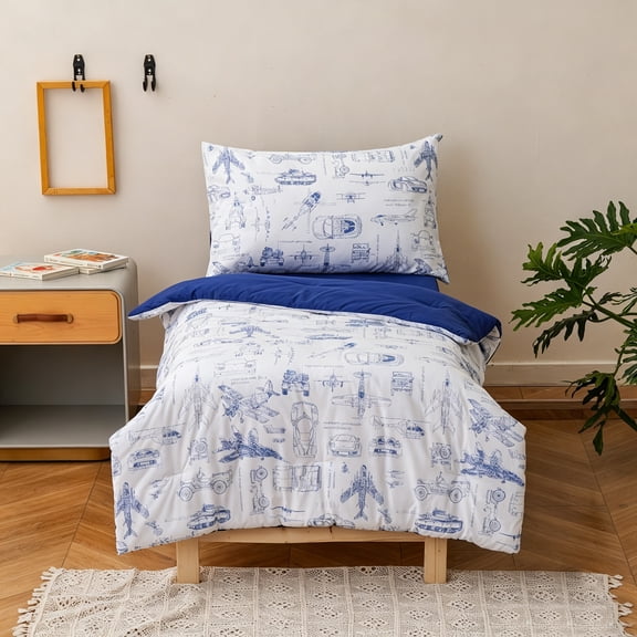 Wellboo Aircraft Toddler Bedding Sets for Girls Boys Cute Cartoon 4 Pieces Soft Crib Bed Set Including Comforter, Sheets and Pillowcase Kids Cars Blue White Quilt Children Tank Plane Pattern Bedding