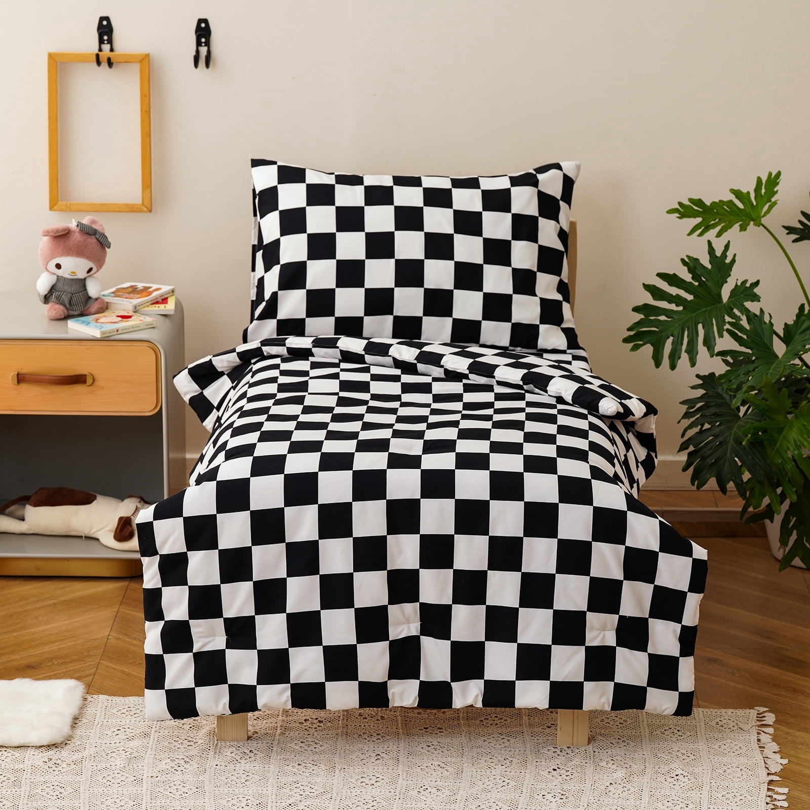 Wellboo Black White Plaid Toddler Bedding Sets for Girls Boys Black and White Checkerboard Grid 4 Pieces Soft Crib Bed Set Including Comforter, Sheets and Pillowcase Kids Checkered Geometric Quilt