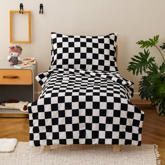 Wellboo Black White Plaid Toddler Bedding Sets for Girls Boys Black and White Checkerboard Grid 4 Pieces Soft Crib Bed Set Including Comforter, Sheets and Pillowcase Kids Checkered Geometric Quilt
