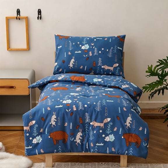 Wellboo Blue Bear Toddler Bedding Sets for Girls Boys Cute Cartoon 4 Pieces Soft Crib Bed Set Including Comforter, Sheets and Pillowcase Kids Fox Theme Woodland Forest Quilt