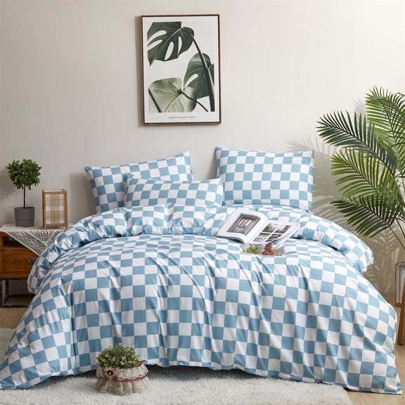 Wellboo Blue White Checkerboard Plaid Comforter Set Queen Size Light Blue Plaid Grid Bedding for Bedroom Modern Geometric Room Decor for Women Men