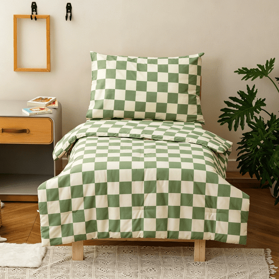 Wellboo Green White Plaid Toddler Bedding Sets for Girls Boys Sage and White Checkerboard Grid 4 Pieces Soft Crib Bed Set Including Comforter, Sheets and Pillowcase Kids Checkered Geometric Quilt