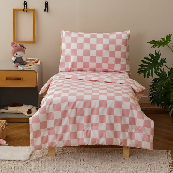 Wellboo Pink White Plaid Toddler Bedding Sets for Girls Boys Bean Pink and White Checkerboard Grid 4 Pieces Soft Crib Bed Set Including Comforter, Sheets and Pillowcase Kids Checkered Geometric Quilt