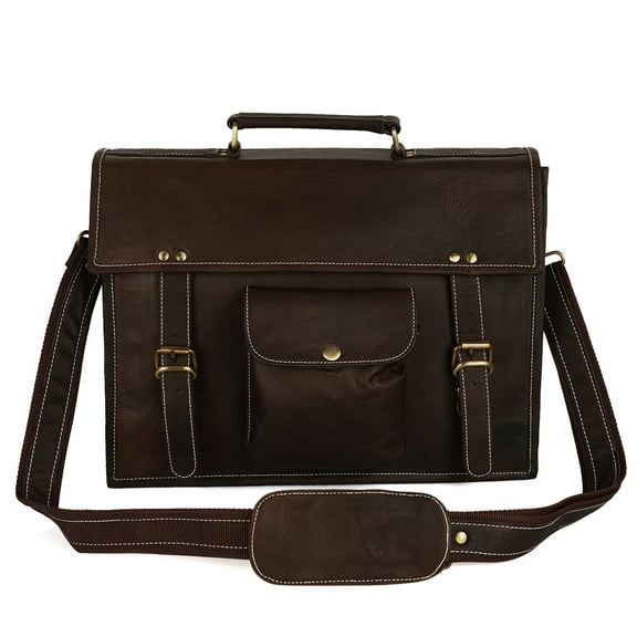 Wellbourne Black Leather Crossbody Laptop Bag Briefcase for Office, College & School - (15x12 inch) - Unisex
