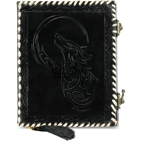 Wellbourne Handmade A5 Black Leather Hardcover Wolf Embossed Notebook Journal for Writing Sketching
