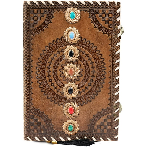 Wellbourne Leather Bound Journal Seven Chakra Embossed Hardcover Travel Journal Diary with Unlined Pages 10X7 Inches - Antique