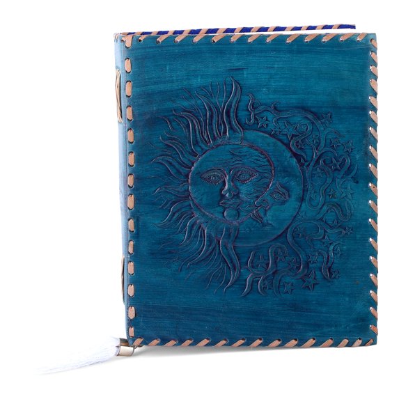 Wellbourne Leather Journal blank Pages A5 Embossed Sun and Moon - Turquoise