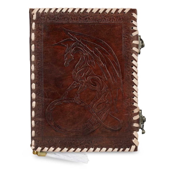 Wellbourne Real Leather Journal - A6 Embossed Moon Dragon With Antique Lock Personal Self Care Travel Weekend Daily Planner Hardcover Unlined Blank Pages Diary Notebook Sketchbook-Brown