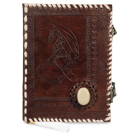 Wellbourne Real Leather Journal - A6 Embossed Moon Dragon With Gem Stone Vintage Lock Closure Personal Self Care Travel Weekend Daily Planner Hardcover Unlined Blank Pages Notebook- Brown