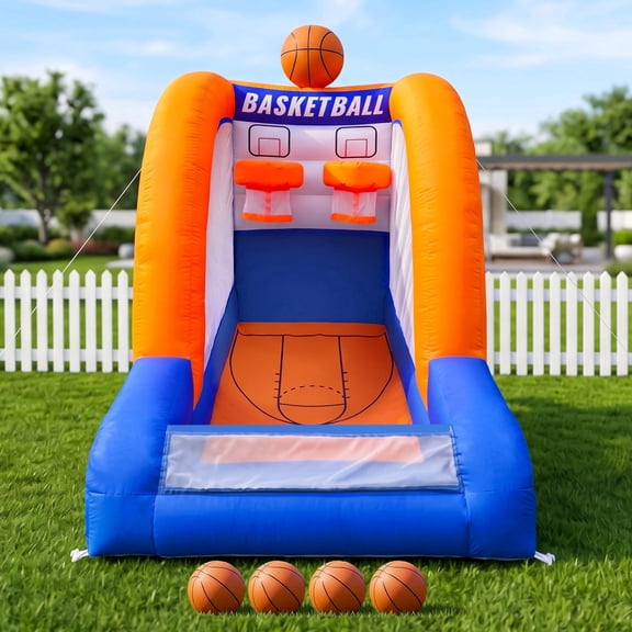 Wellcomer 10FT Inflatable Basketball Hoop Game with 2 Hoops & 4 Balls, Interactive Basketball Shooting Game for Indoor Outdoor Parties, Carnivals & Family Gatherings