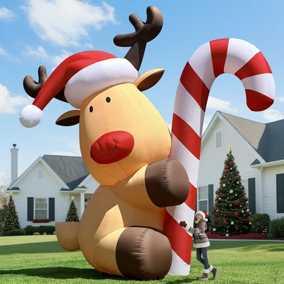 Wellcomer 20 ft Giant Inflatable Reindeer with Cany Cane- Christmas Dcor