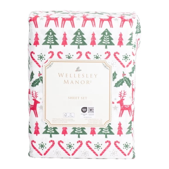 Wellesley Manor Winter Christmas Sheet Set Trees, Reindeer & Candy Canes, King