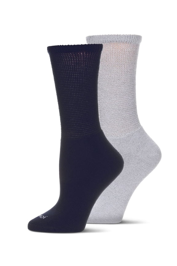Wellfit 2 Pair Unisex Diabetic Full Cushion Crew Socks, 10-13, Navy-Gray