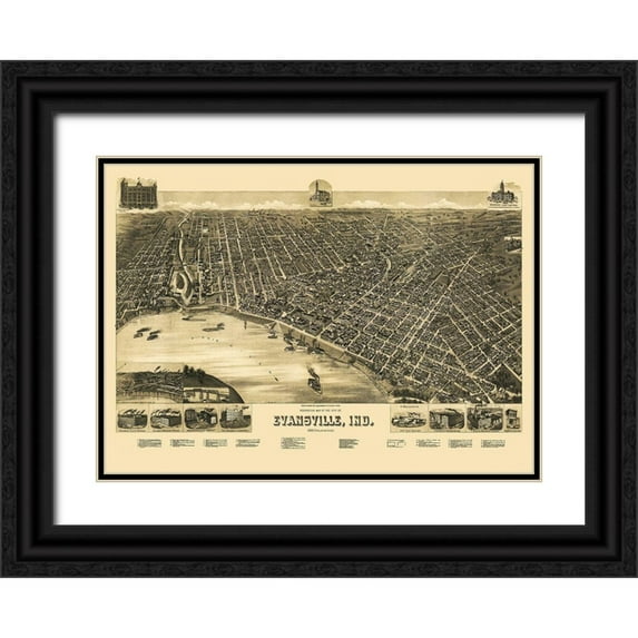Wellge 18x14 Black Ornate Wood Framed with Double Matting Museum Art Print Titled - Evansville Indiana - Wellge 1888