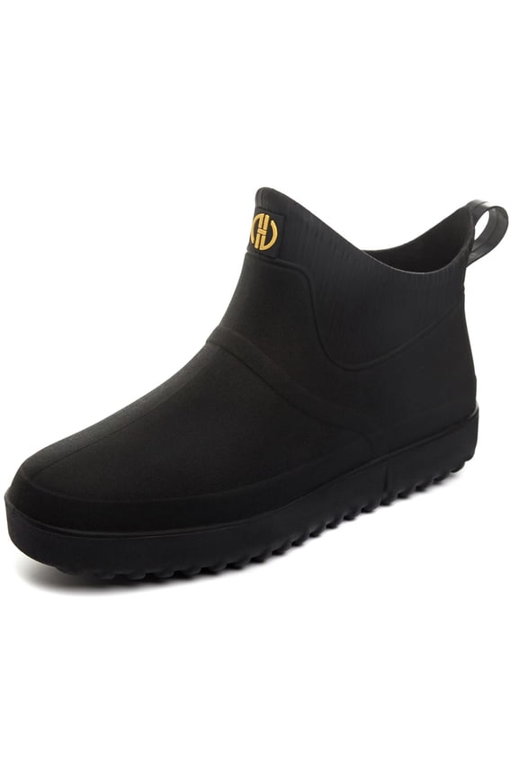 Wellies Mens Short Ankle Wellington Boots Waterproof Chelsea PVC Rubber Rain Boots, Black 43