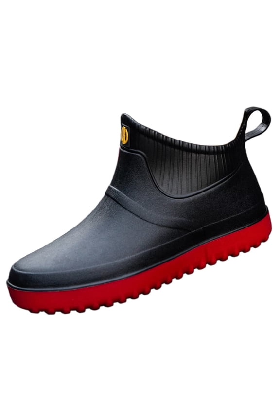 Wellies Mens Short Ankle Wellington Boots Waterproof Chelsea PVC Rubber Rain Boots, Black Red 44