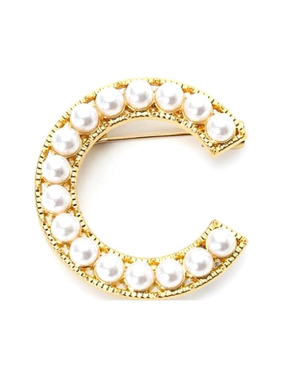 Elegant Women Faux Pearl Beaded Uppercase Letter Brooch Pin Suit Lapel Badge