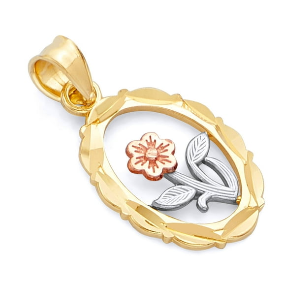 Wellingsale 14K Tri 3 Color Gold Polished Diamond Cut Ornate Flower Charm Pendant