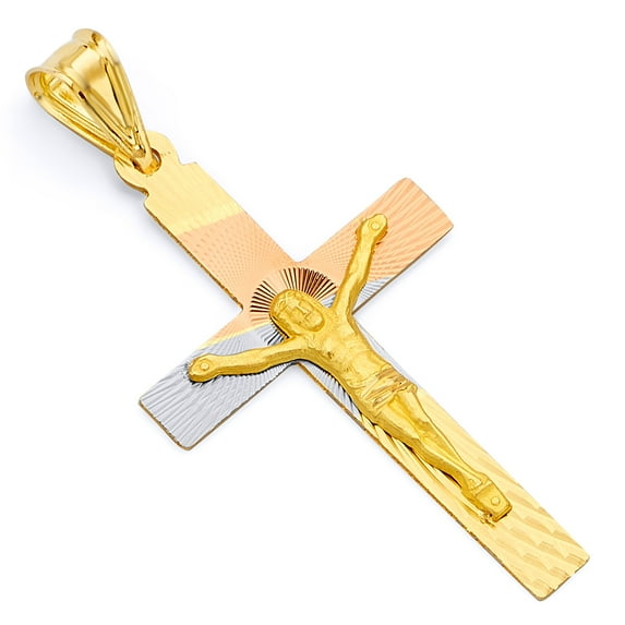 Wellingsale 14K Tri 3 Color Gold Polished Diamond Cut Religious Catholic Latin Crucifix Charm Pendant