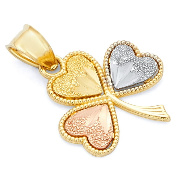 Wellingsale 14K Tri 3 Color Gold Polished Milgrain Lucky Three Leaf Clover Heart Charm Pendant
