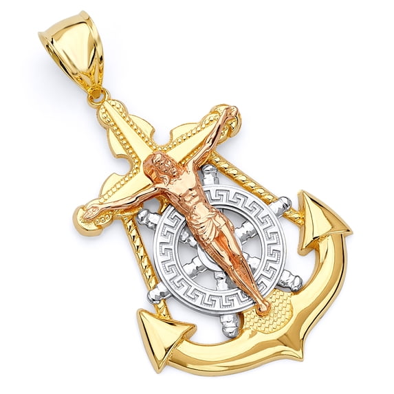 Wellingsale 14K Tri 3 Color Gold Polished Milgrain Ornate Religious Catholic Mariner Crucifix Charm Pendant