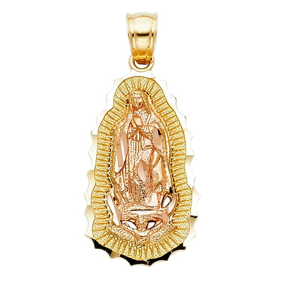 Wellingsale 14K Two 2 Tone Rose and Yellow Gold Polished Milgrain Religious Our Lady Of Guadalupe Pendant