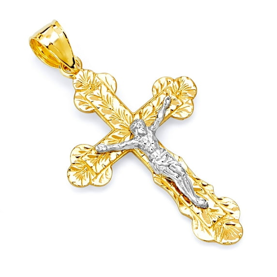 Wellingsale 14K Two 2 Tone White and Yellow Gold Polished Diamond Cut Gothic Religious Catholic Crucifix Pendant