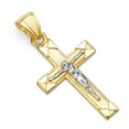 thumbnail image 1 of Wellingsale 14K Two 2 Tone White and Yellow Gold Polished Diamond Cut Religious Catholic Latin Crucifix Charm Pendant, 1 of 5