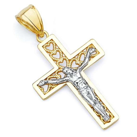14K Two 2 Tone White and Yellow Gold Polished Ornate Religious Catholic Latin Crucifix Charm Pendant with Heart Accents