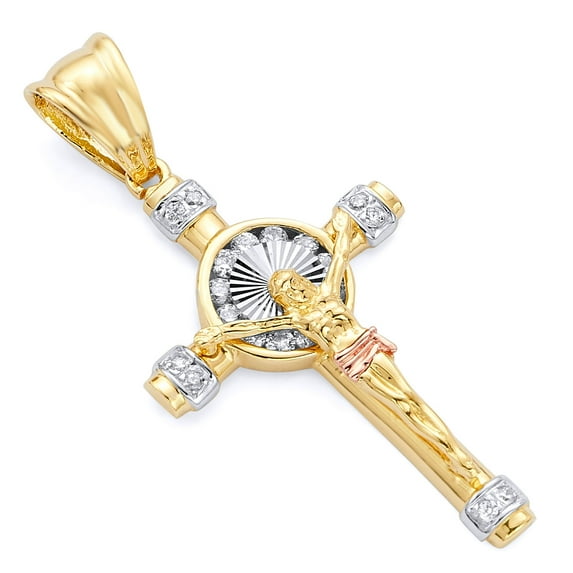 Wellingsale 14K Two 2 Tone White and Yellow Gold Polished Religious Catholic Celtic Crucifix Pendant with CZ Accents