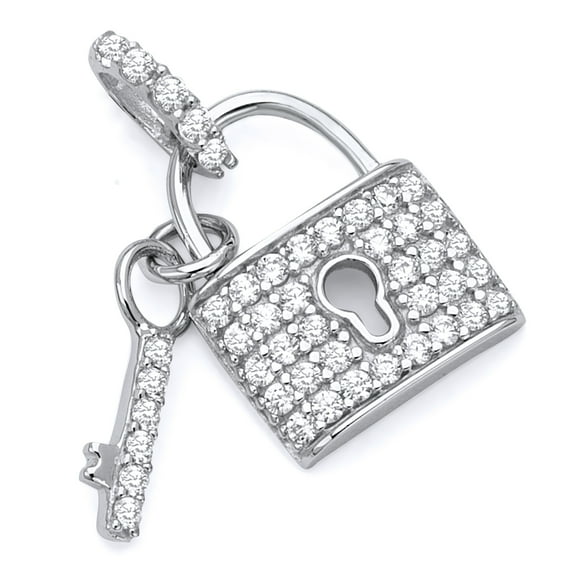 Wellingsale 14K White Gold Polished Ornate Lock & Key Charm Pendant with Micro Pave CZ Accent