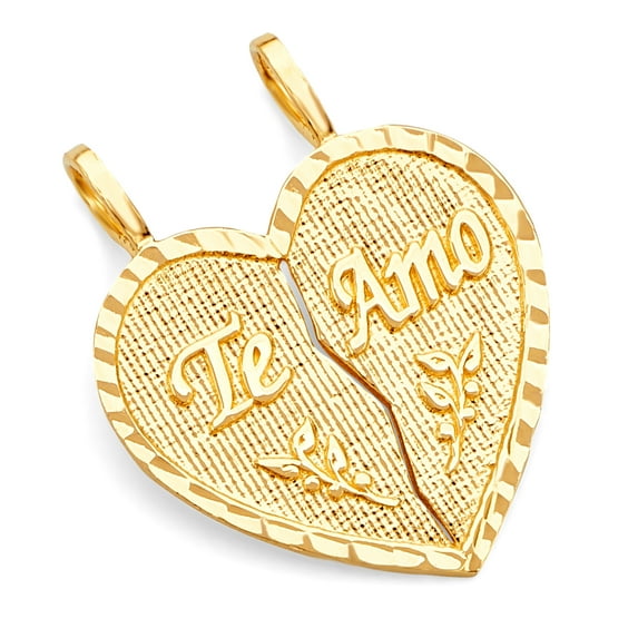 Wellingsale 14K Yellow Gold Polished Diamond Cut Broken Heart "Te amo" Charm Pendant